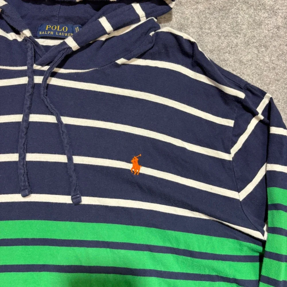Polo Ralph Lauren Men XXL Hooded T-Shirt Navy Green Striped Jersey Hoodie
